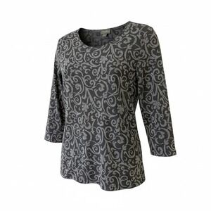 Chicos Travelers Gray Scroll Damask‎ 3/4 Sleeve Top Size 3 XL Scoop Neck Blouse